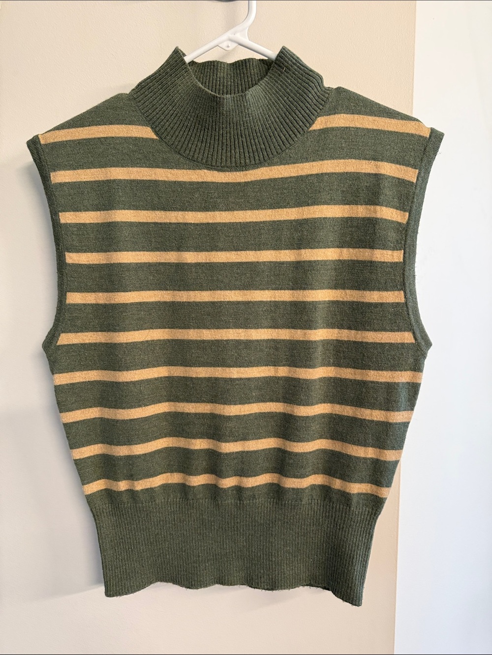 BE COOL Olive Green and Beige Striped Sleeveless Turtleneck Sweater Vest
